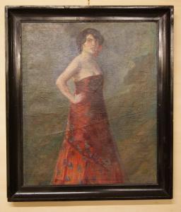 Antiga pintura a óleo sobre tela do século XX "Mulher com vestido vermelho"
