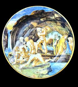 Majolica plate with historiated decoration. Angelo Minghetti. Bologna.