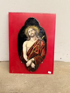 Placa antiga de meados do século XIX pintada em esmalte de Limoges, representando Cristo, 28x15cm
