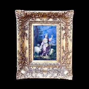 Dipinto olio raffigurante giovane pastore con tre pecore in ambiente agreste.Francia.