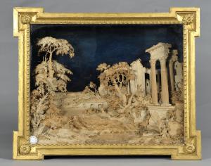 Paesaggio con figure alberi e rovine architettoniche, diorama Luigi XVI, Francia fine secolo XVIII