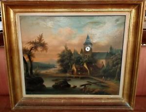 Französisches Ölgemälde auf Leinwand aus dem 19. Jahrhundert mit integrierter echter Uhr