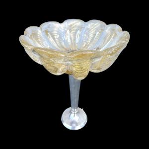 Schale aus schwerem Glas mit Goldfaden und Metallschaft. Barovier & Toso Manufaktur. Murano.