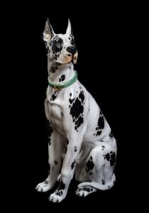 Mehrfarbige Porzellanfigur eines sitzenden, lebensechten Harlekin-Deutschen Dogge. Italien, 1970er Jahre.