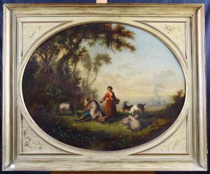 Altes französisches Gemälde aus dem 19. Jahrhundert, Öl auf ovaler Tafel mit lackiertem, dekapitiertem Rahmen, Hirte mit Dame und Herde
