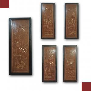 FIVE QING DYNASTY CARVED WOOD PANELS MID-19TH CENTURY