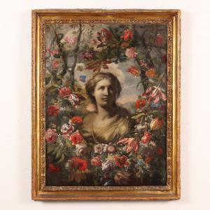 Dipinto con Busto femminile con Ghirlanda di Fiori