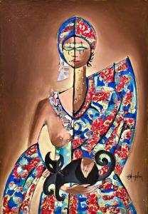 "Retrato de mulher" Técnica mista sobre masonite de Massimo Angeleri; "Portrait of a woman" Mixed media on masonite by Massimo Angeleri