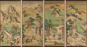 Paisagens com cenas da vida chinesa, quatro rolos pintados em papel, China, século XVIII.