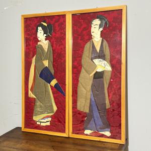 Antikes Paar japanischer Paneele, frühes 20. Jahrhundert, Art Déco. Maße 100 x 45 cm.