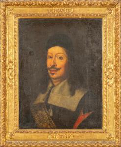 Ritratto di giovane uomo in cornice in legno intagliato e dorato, scuola toscana secolo XVII, olio su tela