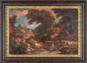 Pieter Mulier, Paesaggio con personaggi che guadano un fiume, olio su tela