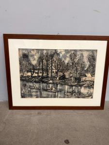 Disegno a china Renzo Vespignani "Sul Fiume" 1950, 55x38cm