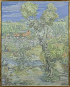 Oscar Saccorotti, Paesaggio con casolari, tempera firmata