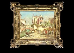 Dipinto olio su tela veduta veneziana.E.Zeno ( Eugenio Bonivento).Chioggia 1880-Milano 1956