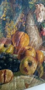 Dipinto ad olio su tela del XIX secolo, vaso di frutta con fiori - Foto 7