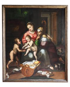 Theodorus d'Errico the Fleming; Amsterdam 1544 – Amsterdam 1618, Madonna and Child, Saint John the Baptist, and Saint Anne (after Madonna della Gatta by Giulio Romano), oil on canvas