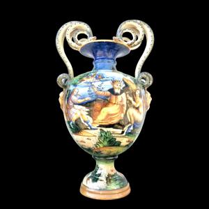 Majolica vase with snake handles and masks with historiated decoration, Molaroni manufacture, Pesaro.