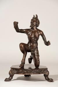 Severo da Ravenna (Padova 1496 ca.-1543), Satiro inginocchiato porta candela, 1520 - 1530 circa, bronzo a patina scura