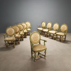 Conjunto de dez poltronas barrocas laqueadas e douradas, Itália, século XVIII