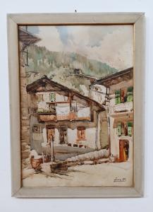 Quadro acquarello su carta " Baite Valtellinesi" - Alta Valtellina - datato 1951