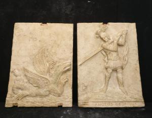 San Giorgio ed il Drago - 2 Bassorilievi - Marmo Bronzetto - 31 x 43 cm - Venezia