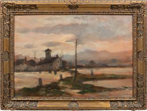 Vittorio Antonio Cargnel (Venice 1872 - Milan 1931) - Landscape with village and figures by the lake.