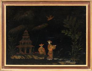 European painter in Chinese style (18th century) - Oriental scene with pagoda.