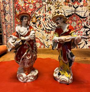 Pair of Meissen porcelain figures, depicting two Malabar oriental figures playing the lute.