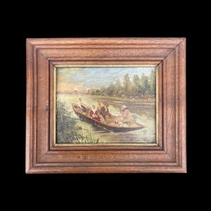 Small oil painting on panel with a scene of people in a boat. Signed.