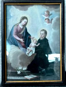Ölgemälde auf Leinwand, das den Heiligen Stanislaus Kostka, die Madonna mit dem Jesuskind und Cherubinen darstellt. Italien.