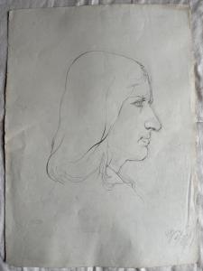 Desenho a lápis sobre papel, perfil de um homem renascentista. Federico Pietra. 1910. Bolonha.