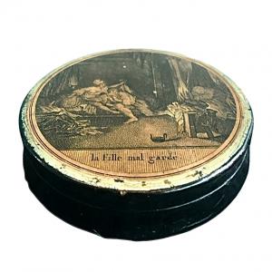 Papier-mâché snuff box with inscription: 'la fille mal gardée'. France.