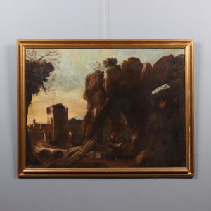 Dipinto Paesaggio con Santo Eremita
