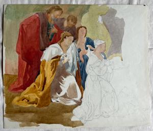 Desenho-esboço aquarelado a lápis sobre papel com Sagrada Família.(Arquivo Arturo Pietra). Bolonha.