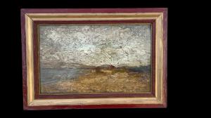 Dipinto olio su tavola con scena di paesaggio con architetture e marina. Valentino Serra.