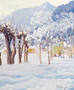 Ottorino Campagnari, "Nei dintorini di Usseglio", olio su tela, Epoca '900, Ottorino Campagnari, “In the Vicinity of Usseglio,” oil on canvas, 20th century