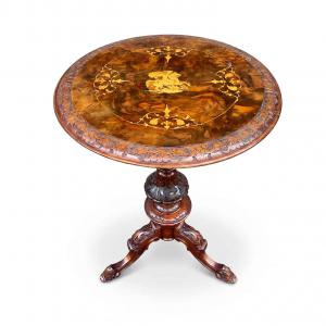Gueridon in Walnut Burl with St. George and the Dragon Inlay, Late 1800s