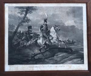 Stampa raffigurante soldati ussari a cavallo.Francia.