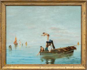 Pittore veneziano (XIX sec.) - Bagnanti in laguna.