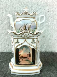 Porcelain veilleuse teapot with fire and boat scene, floral motifs on the opposite side. France.