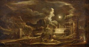 Veduta portuale al chiaro di luna, Giovanni Grevenbroeck, il Solfarolo (Paesi Bassi, 1650 ca. – Milano, post 1699)