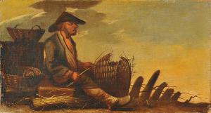 Riparando il cesto al tramonto, olio su tela, scuola italiana secolo XVIII