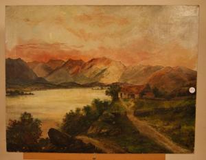 Antique English painting from the 1800s, oil on canvas, depicting a rural landscape with a lake and mountains.