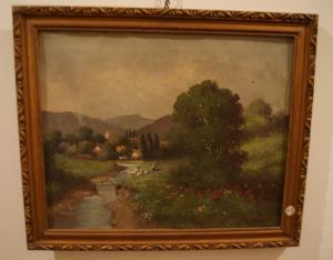 Antique 1800s oil on canvas painting, rural landscape with waterway