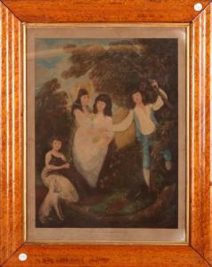 Antiga gravura inglesa do século XIX aquarelada "The nutgatherers"