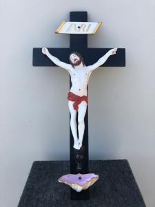 Christ - porcelain stoup on ebonized cross. Ginori manufacture.