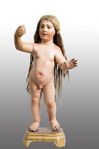 Scultura antica Napoletana in legno policromo raffigurante Bambino Benedicente. Periodo XVIII secolo.