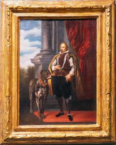 Ritratto di gentiluomo con molosso,olio su tela in cornice coeva, scuola genovese secolo XVII.
