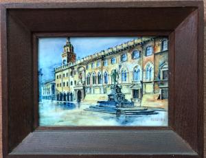 Gerahmte Majolika-Fliese, die den Palazzo del Comune auf der Piazza Maggiore in Bologna darstellt. Signatur Maccaferri.